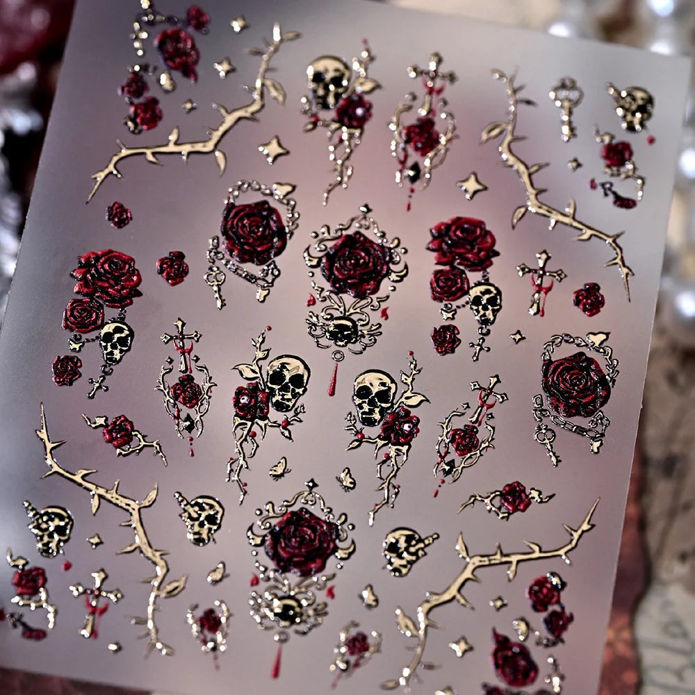 Nail Art Stickers Gothic Rose & Skull Rose Gold Easy Apply & Remove
