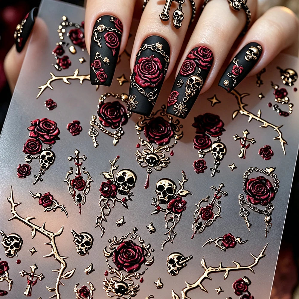 Nail Art Stickers Gothic Rose & Skull Rose Gold Easy Apply & Remove