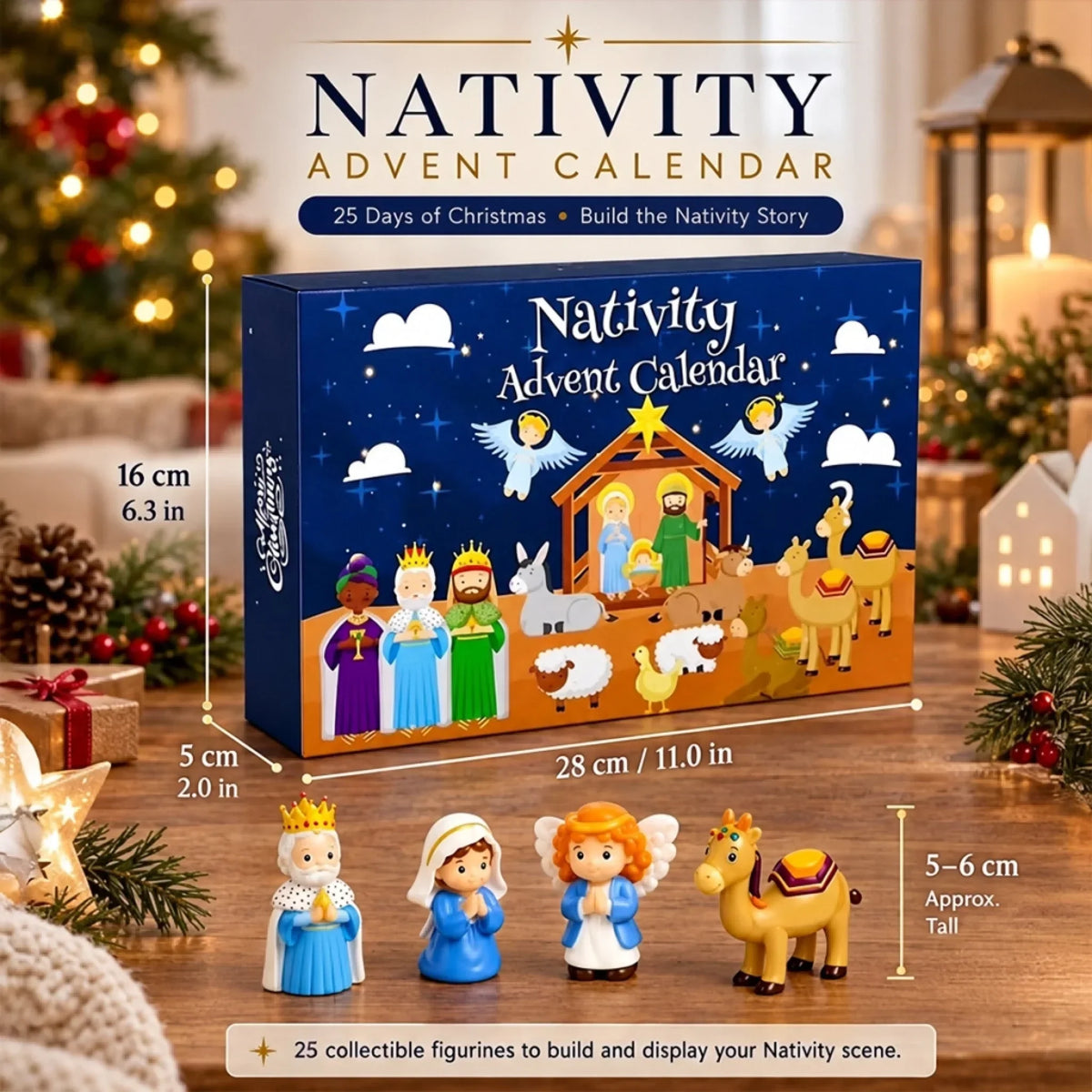 Nativity Advent Calendar 24-Day Christmas Countdown Colorful Scene
