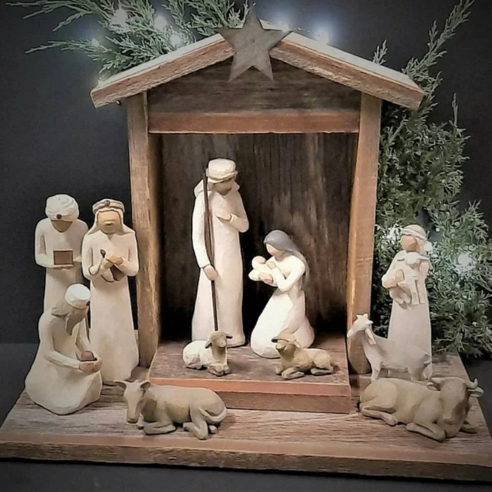 Nativity Set Handmade Barn Wood Sculpted Figures
