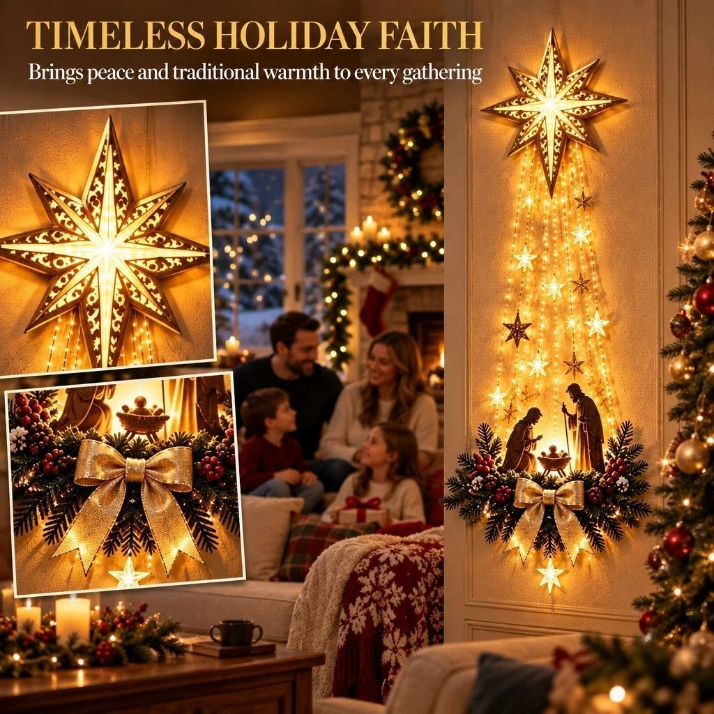 Nativity Wall Decoration Holy Family Silhouette & Warm Star Lights