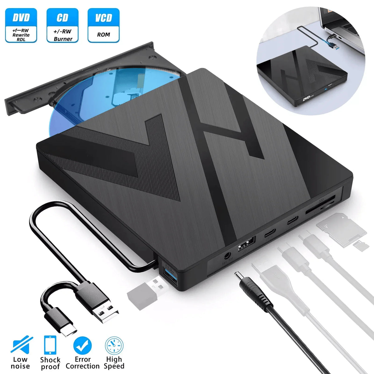 Optical Drive CD/DVD Burner SD Card Slot USB Hub