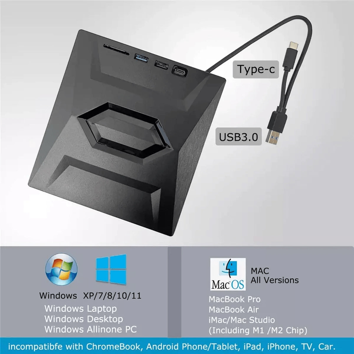 Optical Drive CD/DVD Burner SD Card Slot USB Hub