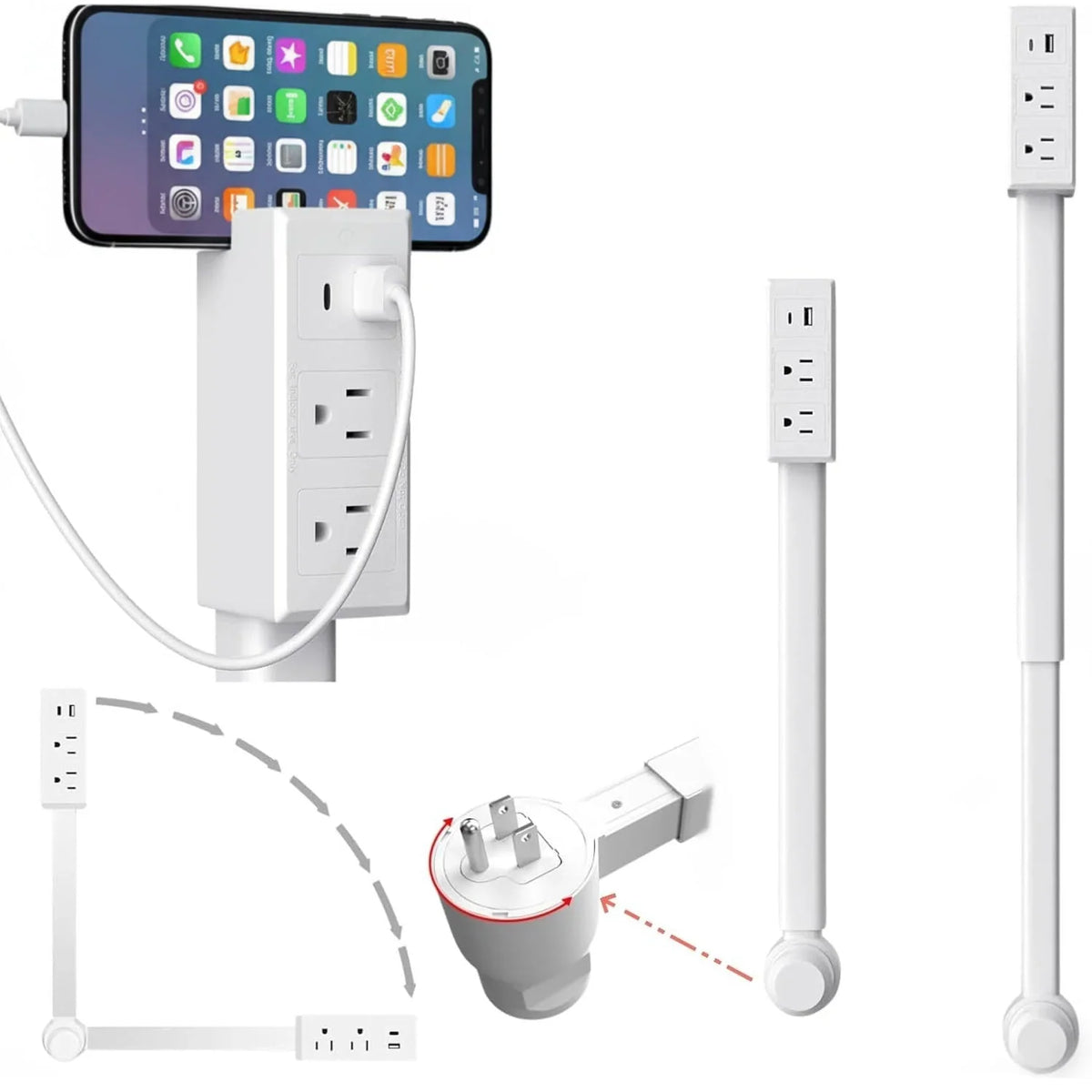Outlet Extender Telescoping 28-Inch Reach USB-A & USB-C Ports