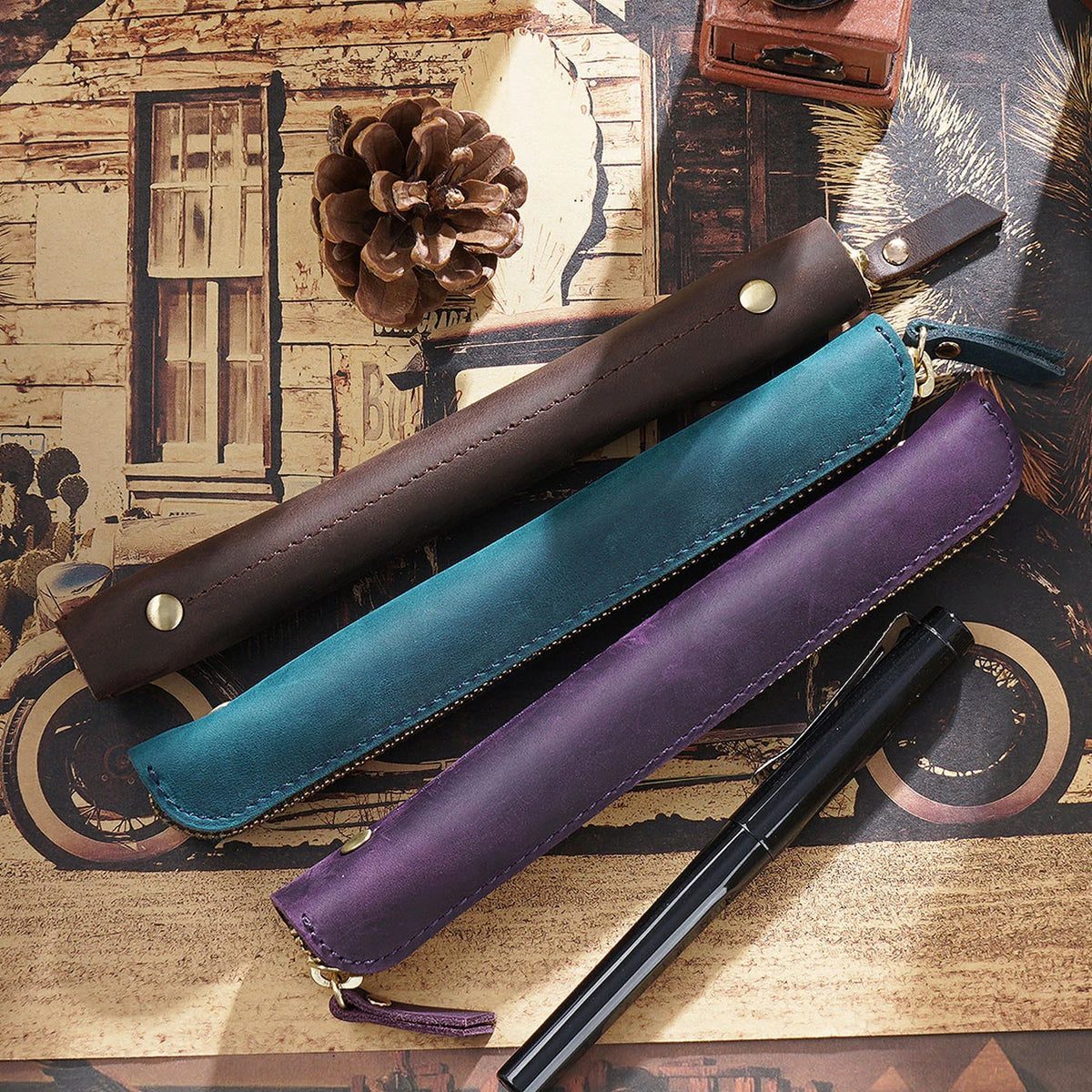 Pencil Case Leather Zipper Closure Compact Design