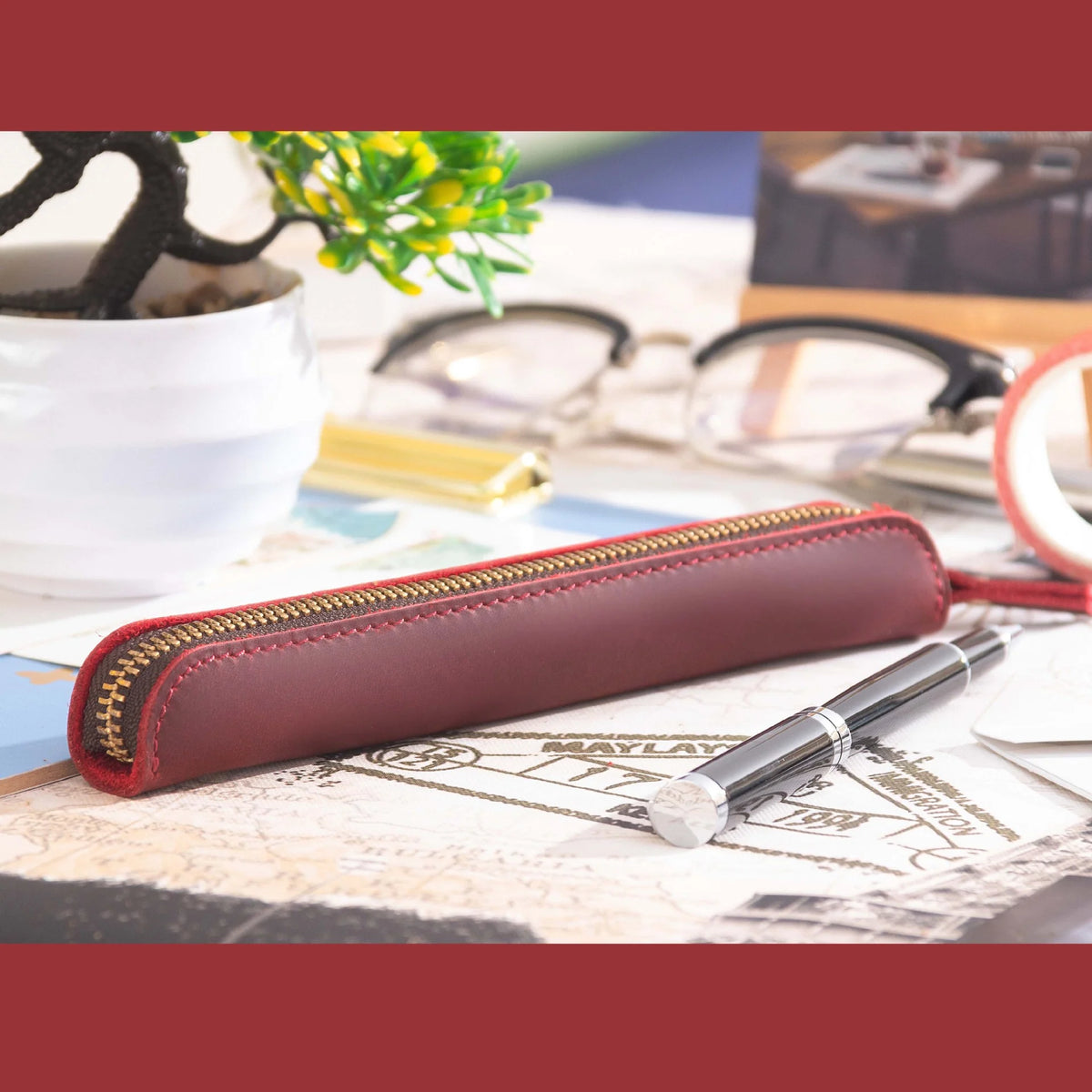 Pencil Case Leather Zipper Closure Compact Design