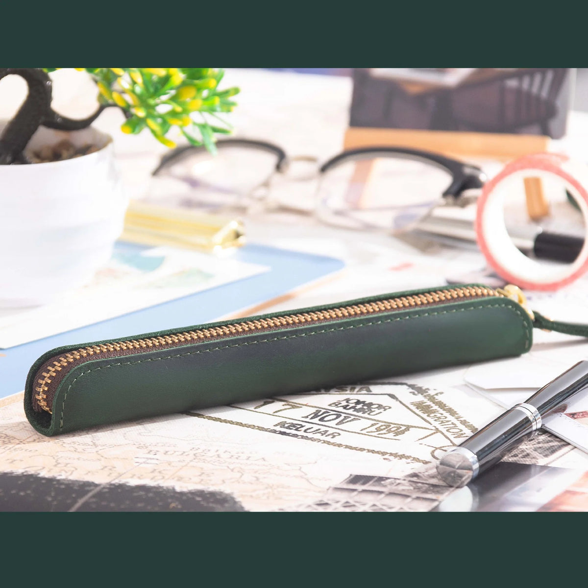 Pencil Case Leather Zipper Closure Compact Design