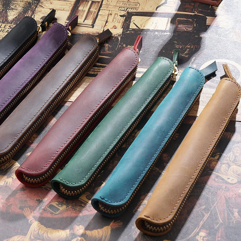 Pencil Case Leather Zipper Closure Compact Design