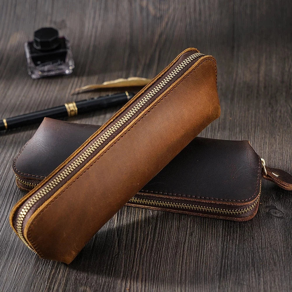Pencil Case Leather Zipper Closure Spacious Interior