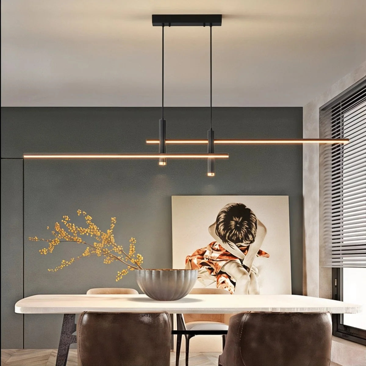 Pendant Light Linear Black Integrated LED Adjustable Dimmable With Remote Control