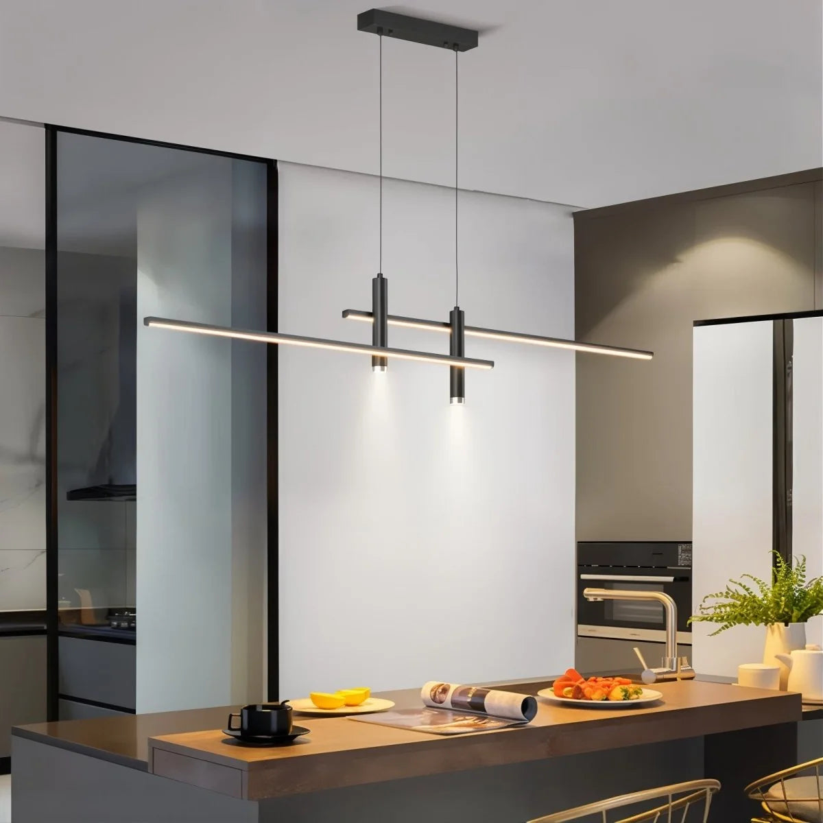 Pendant Light Linear Black Integrated LED Adjustable Dimmable With Remote Control