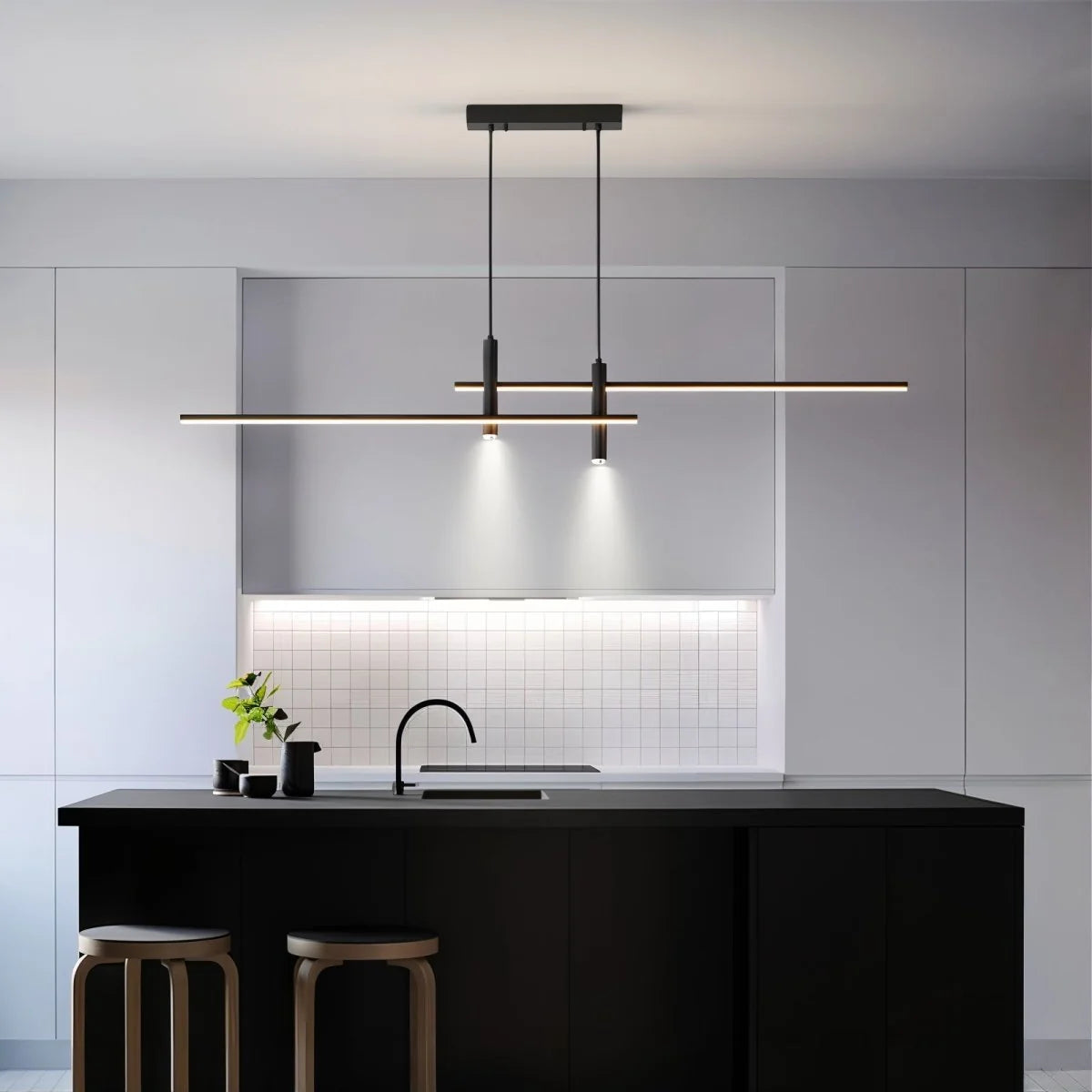 Pendant Light Linear Black Integrated LED Adjustable Dimmable With Remote Control