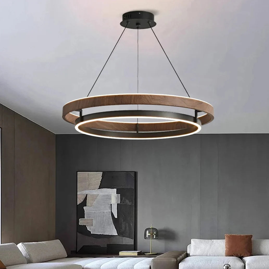 Pendant Light Round Wood-Look Dimmable With Remote Control