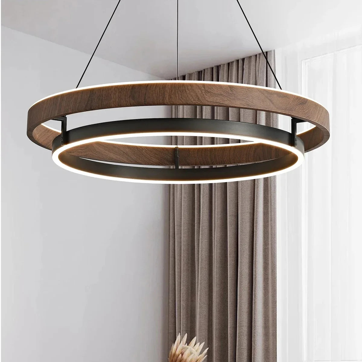 Pendant Light Round Wood-Look Dimmable With Remote Control
