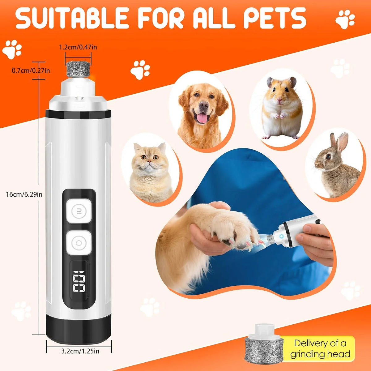 Pet Nail Grinder Cordless Quiet Motor LED Light 3 Speeds