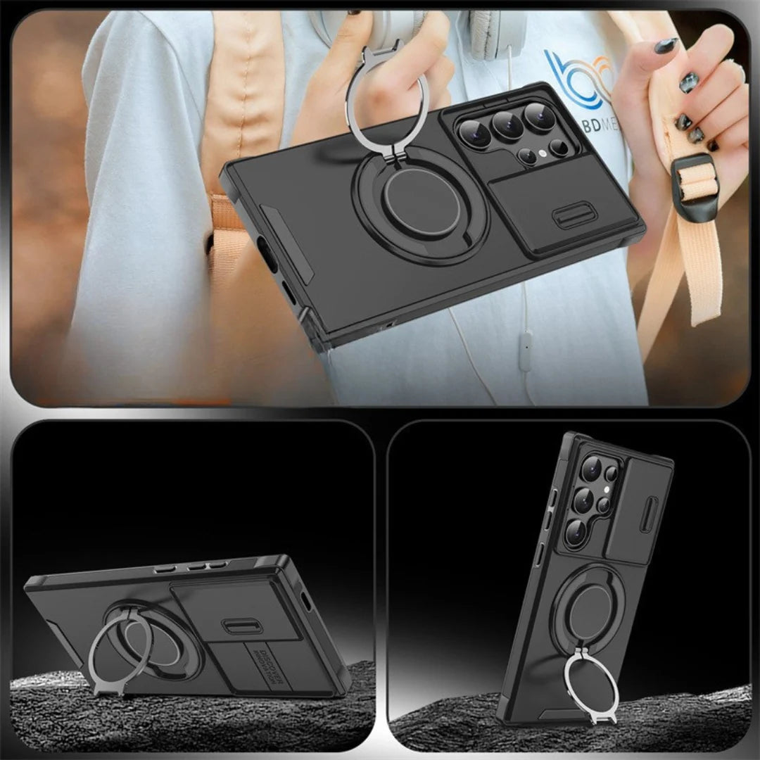 Phone Case Shock-Absorbing Sliding Camera Cover Rotating Ring Stand