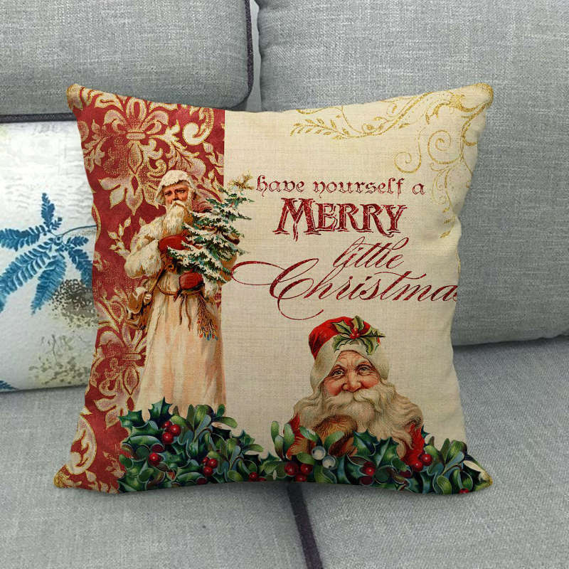 Pillow Cover Cotton Linen Christmas Print Stain-Resistant Hidden Zipper