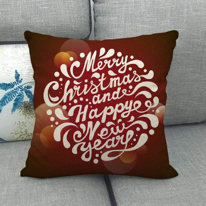 Pillow Cover Cotton Linen Christmas Print Stain-Resistant Hidden Zipper