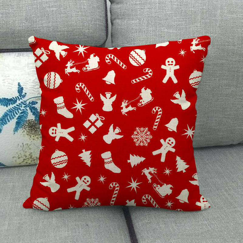 Pillow Cover Cotton Linen Christmas Print Stain-Resistant Hidden Zipper