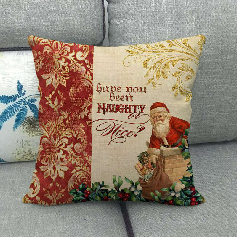 Pillow Cover Cotton Linen Christmas Print Stain-Resistant Hidden Zipper