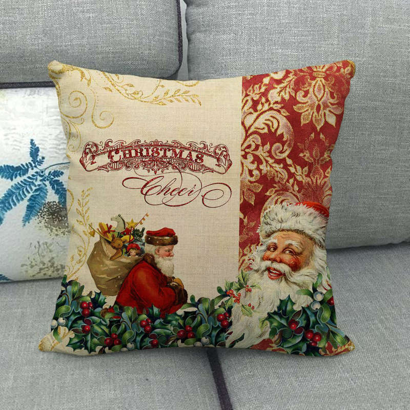 Pillow Cover Cotton Linen Christmas Print Stain-Resistant Hidden Zipper
