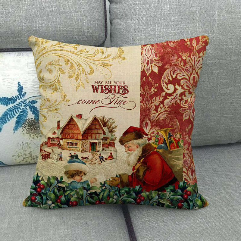 Pillow Cover Cotton Linen Christmas Print Stain-Resistant Hidden Zipper