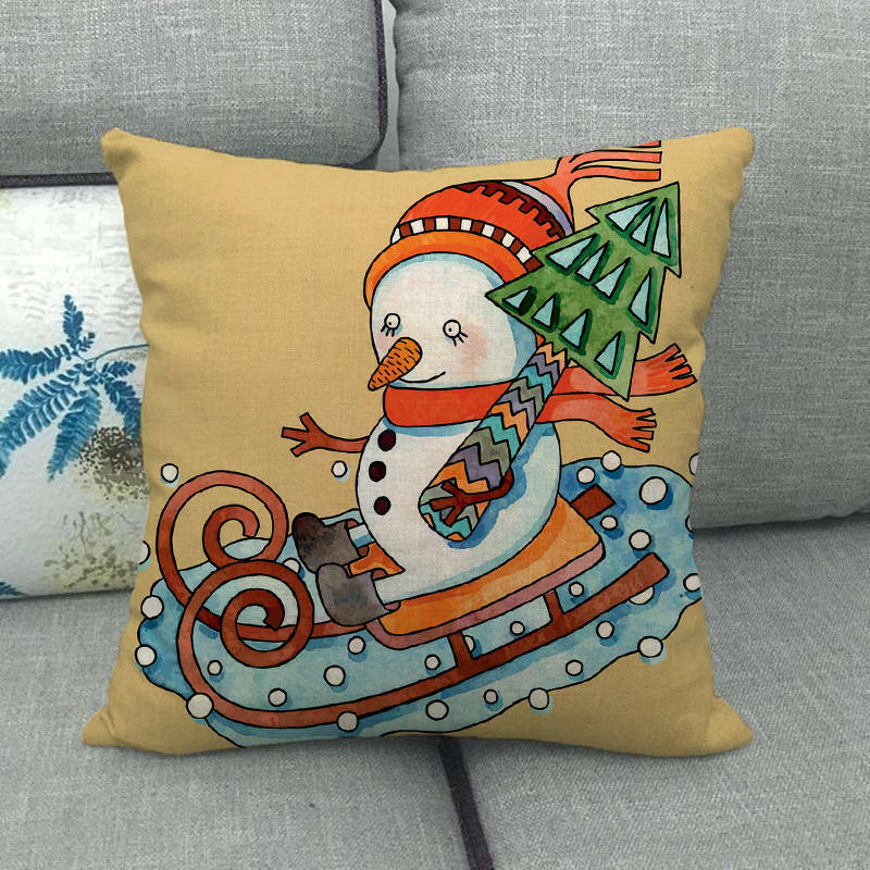 Pillow Cover Cotton Linen Christmas Print Stain-Resistant Hidden Zipper