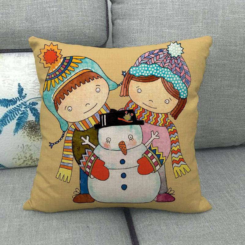 Pillow Cover Cotton Linen Christmas Print Stain-Resistant Hidden Zipper