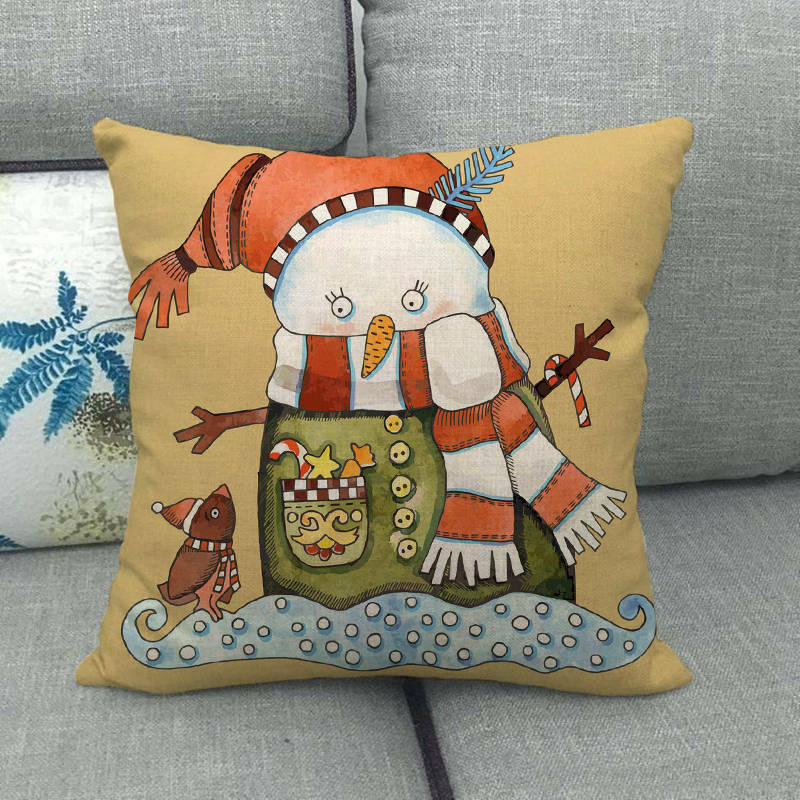 Pillow Cover Cotton Linen Christmas Print Stain-Resistant Hidden Zipper