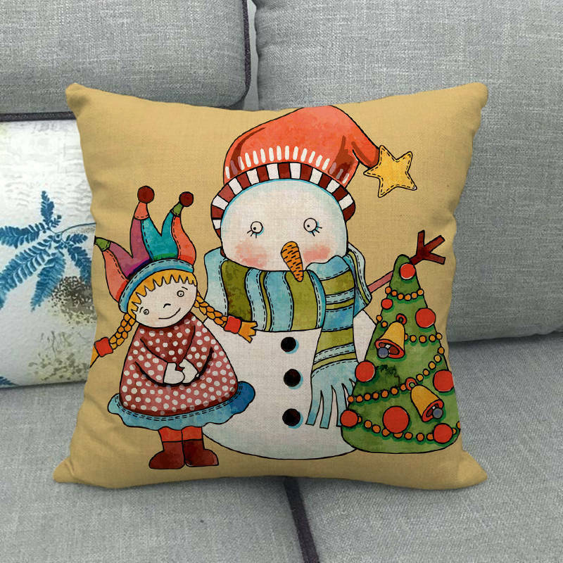 Pillow Cover Cotton Linen Christmas Print Stain-Resistant Hidden Zipper