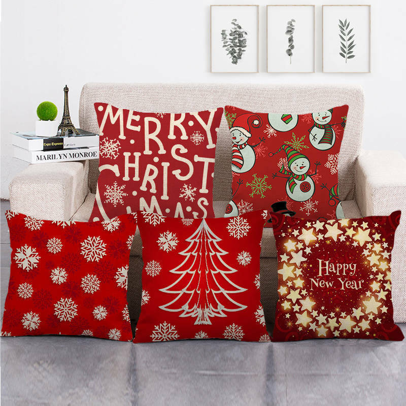 Pillow Cover Cotton Linen Christmas Print Stain-Resistant Hidden Zipper
