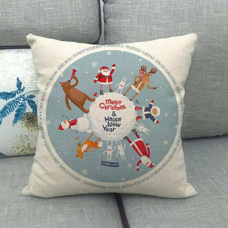Pillow Cover Cotton Linen Christmas Print Stain-Resistant Hidden Zipper