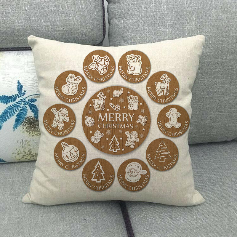 Pillow Cover Cotton Linen Christmas Print Stain-Resistant Hidden Zipper