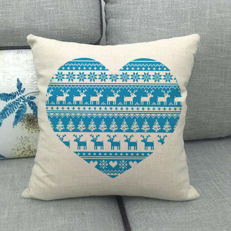 Pillow Cover Cotton Linen Christmas Print Stain-Resistant Hidden Zipper