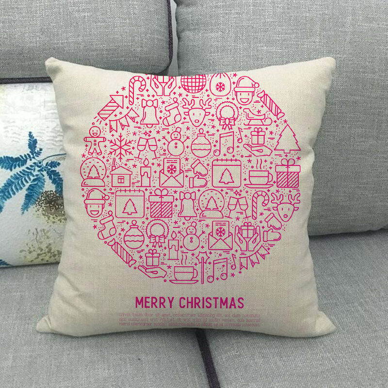 Pillow Cover Cotton Linen Christmas Print Stain-Resistant Hidden Zipper