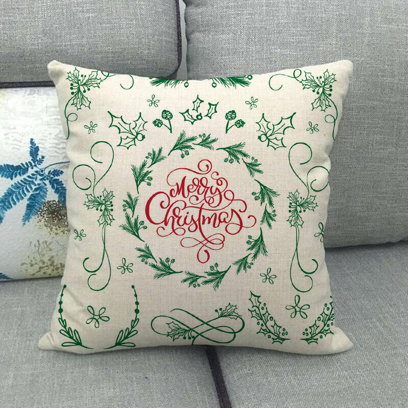 Pillow Cover Cotton Linen Christmas Print Stain-Resistant Hidden Zipper