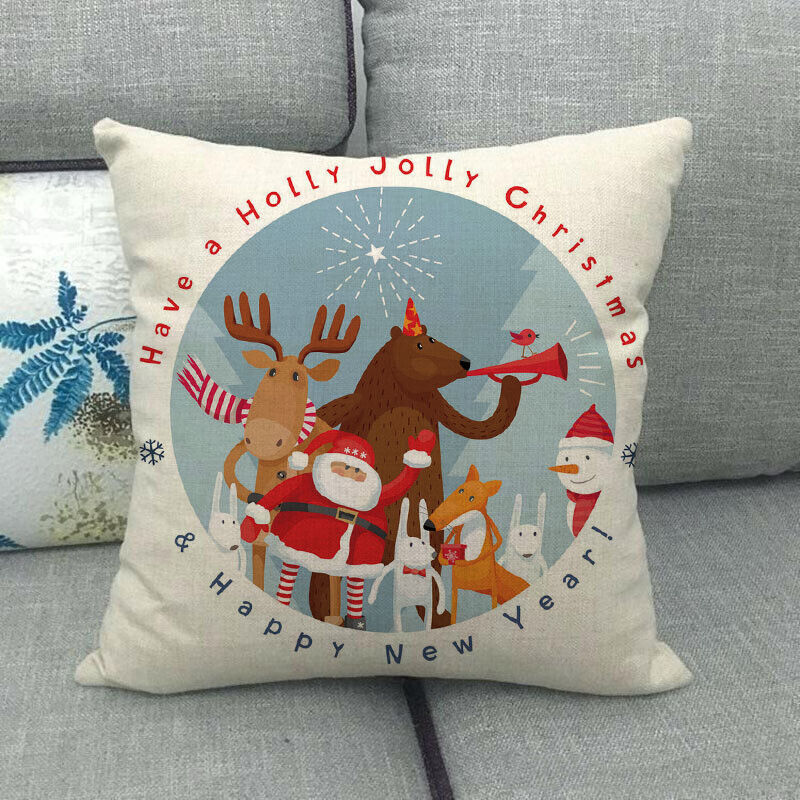 Pillow Cover Cotton Linen Christmas Print Stain-Resistant Hidden Zipper