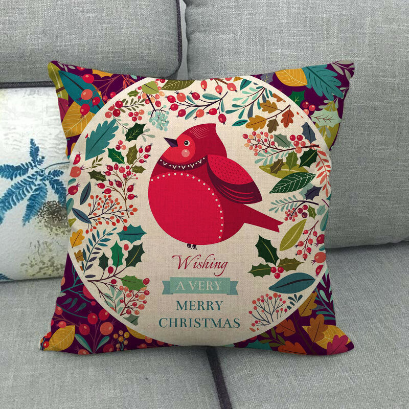 Pillow Cover Cotton Linen Christmas Print Stain-Resistant Hidden Zipper
