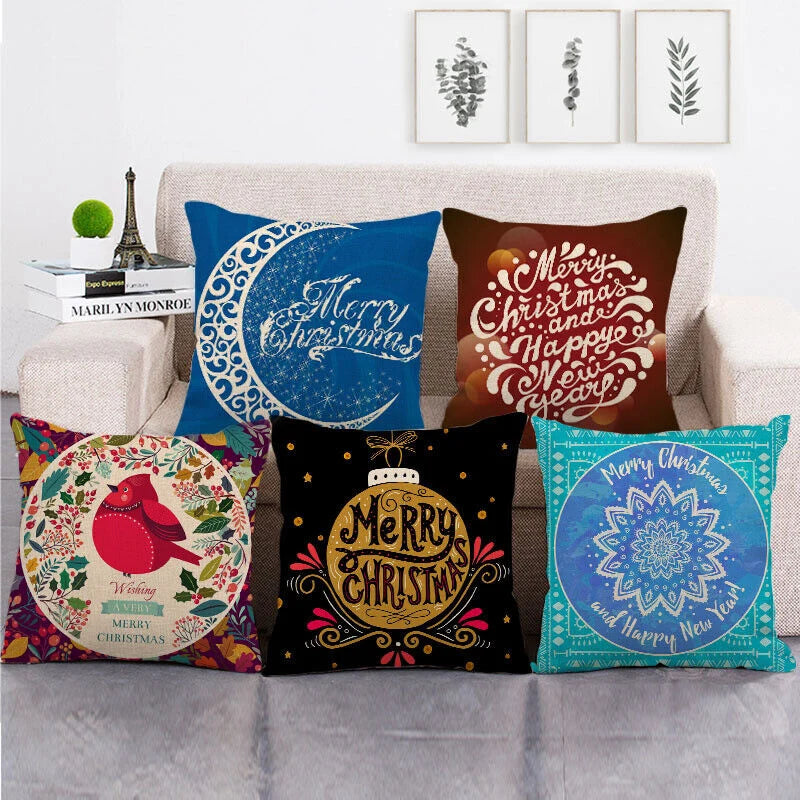 Pillow Cover Cotton Linen Christmas Print Stain-Resistant Hidden Zipper