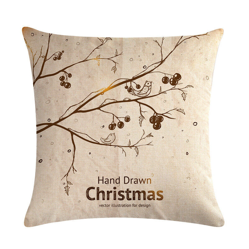 Pillow Cover Cotton Linen Christmas Print Stain-Resistant Hidden Zipper