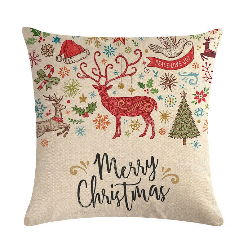 Pillow Cover Cotton Linen Christmas Print Stain-Resistant Hidden Zipper