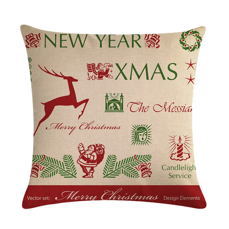 Pillow Cover Cotton Linen Christmas Print Stain-Resistant Hidden Zipper