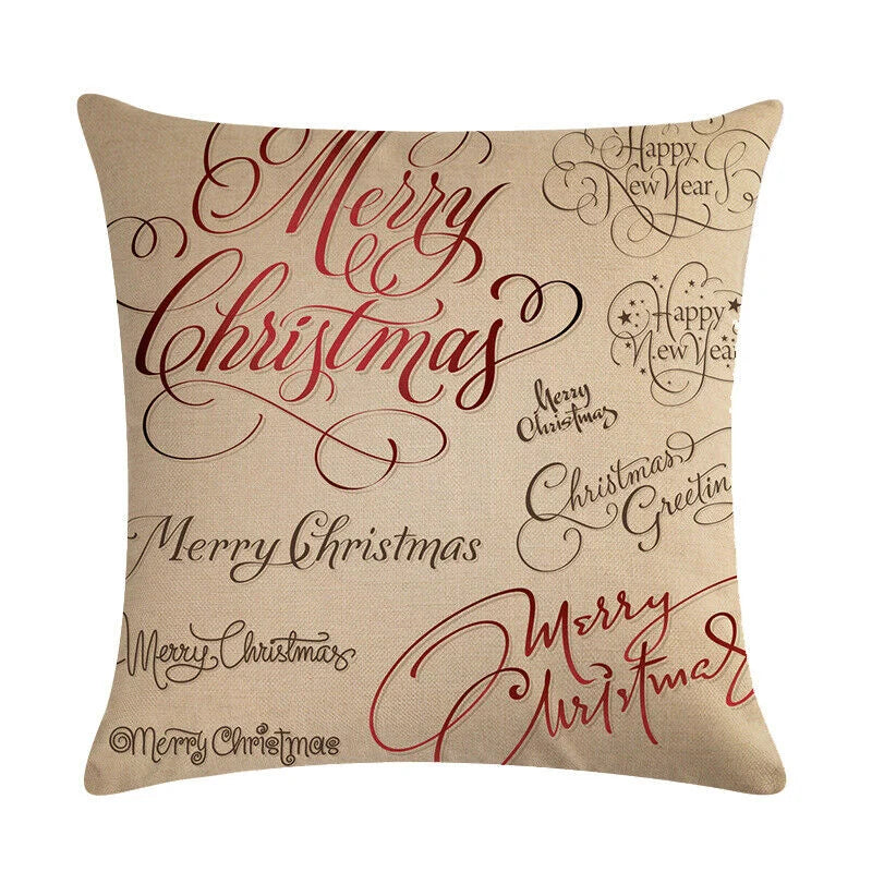 Pillow Cover Cotton Linen Christmas Print Stain-Resistant Hidden Zipper