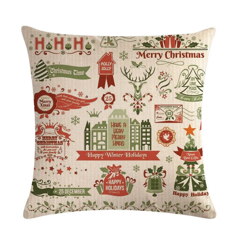 Pillow Cover Cotton Linen Christmas Print Stain-Resistant Hidden Zipper