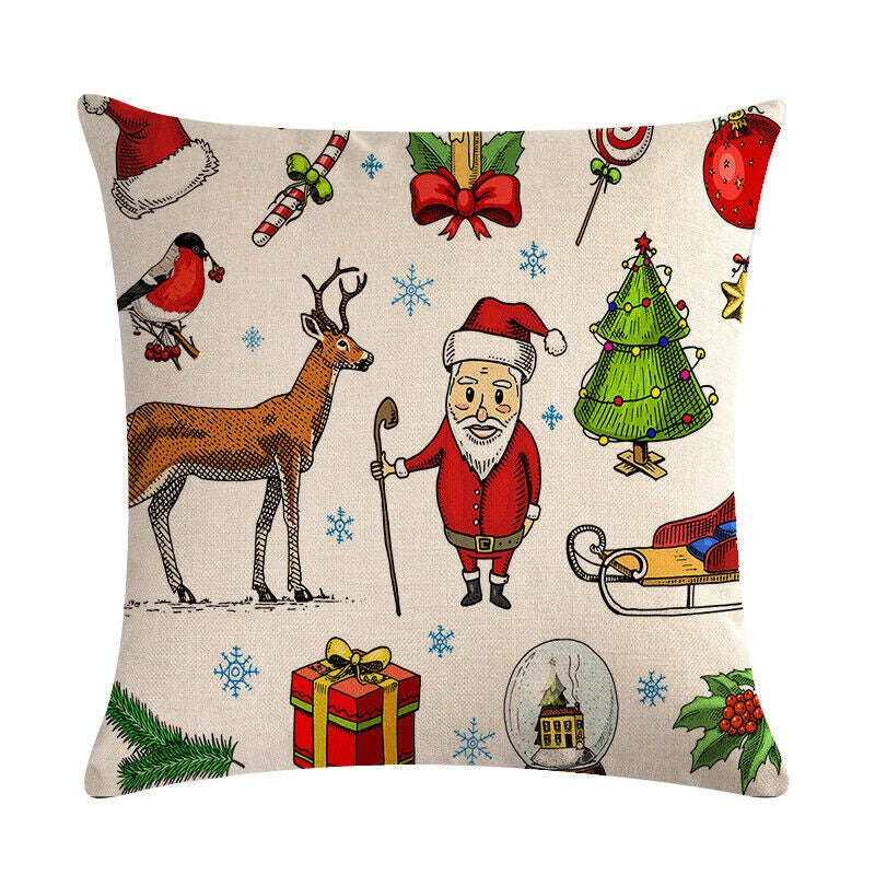 Pillow Cover Cotton Linen Christmas Print Stain-Resistant Hidden Zipper