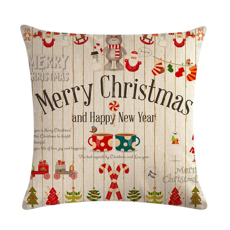 Pillow Cover Cotton Linen Christmas Print Stain-Resistant Hidden Zipper