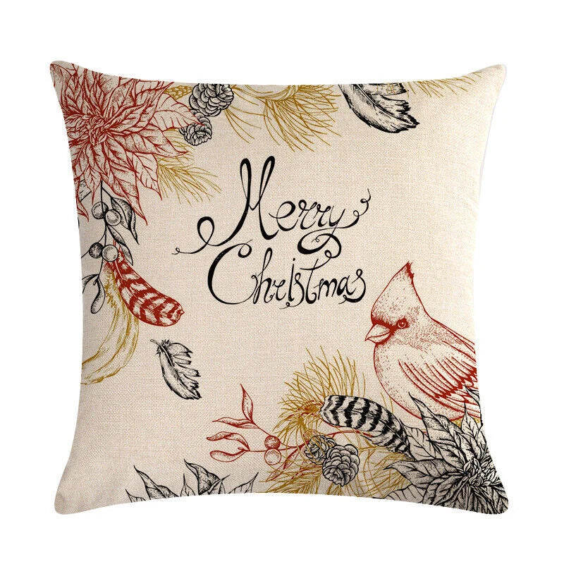 Pillow Cover Cotton Linen Christmas Print Stain-Resistant Hidden Zipper