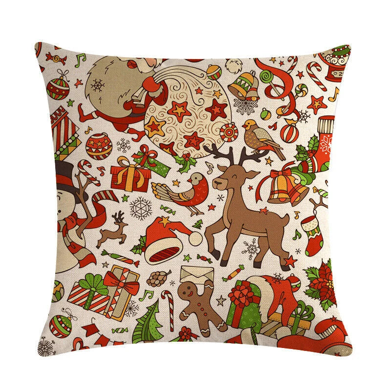 Pillow Cover Cotton Linen Christmas Print Stain-Resistant Hidden Zipper