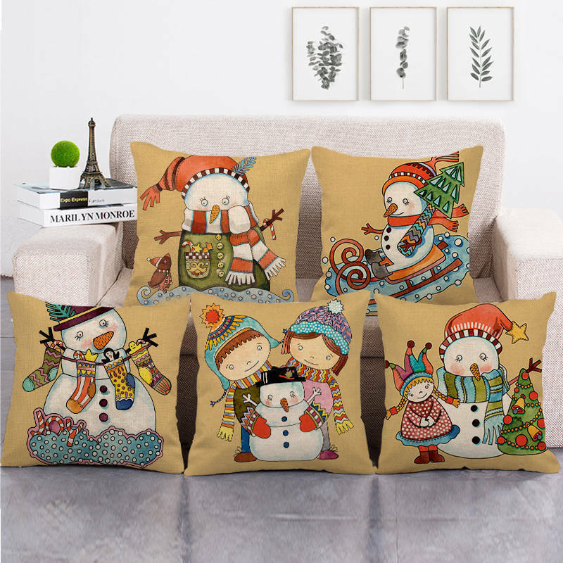 Pillow Cover Cotton Linen Christmas Print Stain-Resistant Hidden Zipper