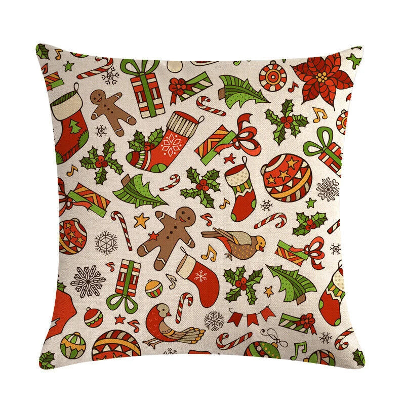 Pillow Cover Cotton Linen Christmas Print Stain-Resistant Hidden Zipper